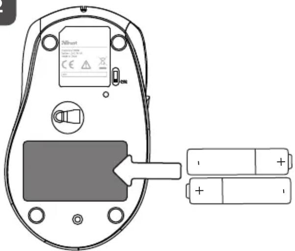 Diagram of a remote control device with battery and indicator lights, showing internal components and battery polarity labels