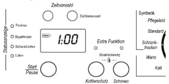 Zeitvorwahl ZeitStartvorwahl Trazlonen Sügelbrocken Schraussbrocken Lützen 1:00 Extra Funktion Kindersicherung Start Pause Knitterschutz Schonen Synthetik Pflegeleid Standard Schrank- trocken Warm Kait Statusanzeige