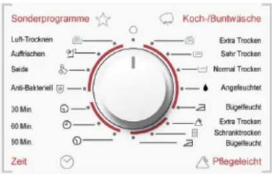Sonderprogramme Koch-/Buntwäsche Luft-Trocknen Extra Trocken Aufrischen Seide Sehr Trocken Normal Trocken Anti-Bakteriell Angefeuchtet 30 Min. Bügelfeucht 60 Min. Extra Trocken Schranktrocken 90 Min. Bügelfeucht Zeit Pflegeleicht