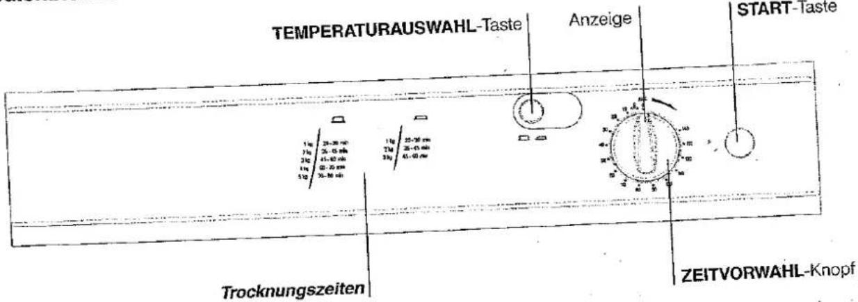 TEMPERATURAUSWAHL-Taste Anzeige START-Taste 1 kg / 25-30 cm 2 kg / 30-45 cm 3 kg / 45-60 cm 4 kg / 60-75 cm 5 kg / 75-90 cm Trocknungszeiten ZEITVORWAHL-Knopf
