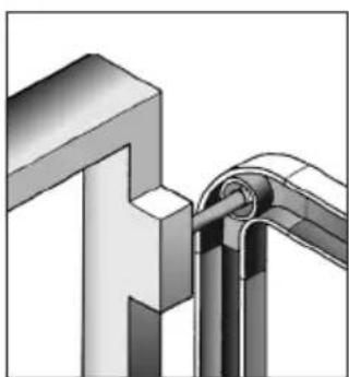 Pure mechanical assembly diagram showing a bracket and pipe connection (no text or symbols)