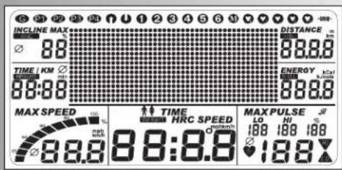 INCLINE MAX DISTANCE 88.00 TIME / KM ENERGY 88:88 88:88 MAX SPEED TIME HRC SPEED MAX PULSE LO HI 100 100 100 9:8.0 1:8.0