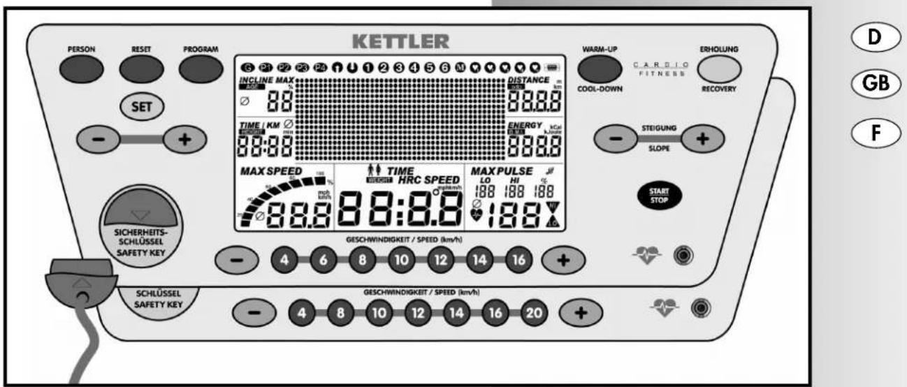 KETTLER INCLINE MAX DISTANCE m COOL-DOWN WARM-UP C. A. R. D. O. FITNESS ERHOLLUNG RECOVERY SET TIME / KM ENERGY SLOPE STEIGUNG + MAX SPEED TIME HRC SPEED MAX PULSE LO HI 188 188 188 188:8.8 GESCHWINDIGKEIT / SPEED (km/h) SICHERHEITS- SCHLÜSSL SAFETY KEY GESCHWINDIGKEIT / SPEED (km/h) SCHLÜSSL SAFETY KEY
