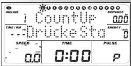 INCLINE CountUp DISTANCE TIME / KM Drücke Stg ENERGY 0 SPEED 100% 0.0 TIME 0:00 PULSE P