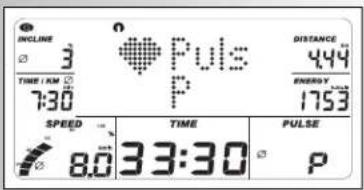 INCLINE 3 TIME / AM 7:30 Puls P DISTANCE 444 ENERGY 1753 SPEED 8.0 TIME 33:30 PULSE P