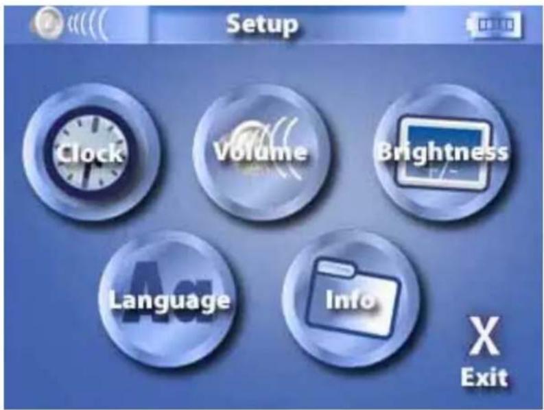 Setup Clock Volume Brightness Language Info X Exit