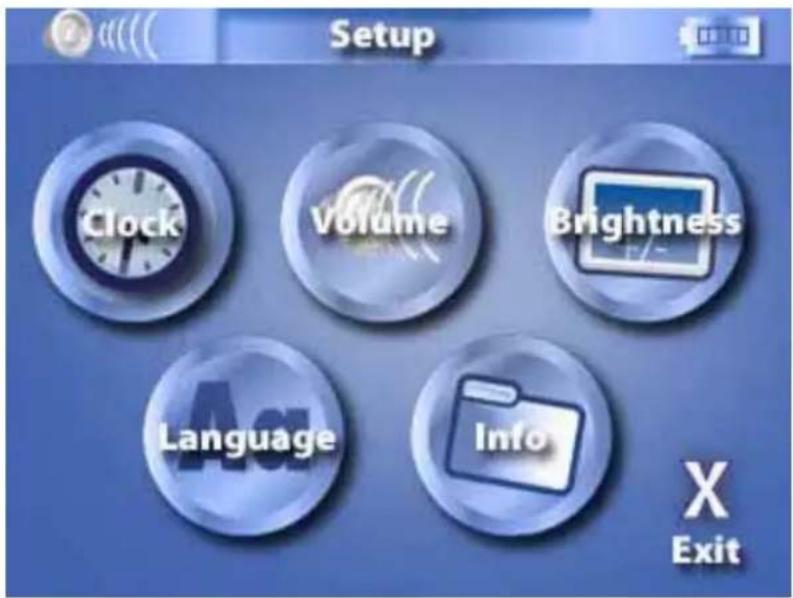 Setup Clock Volume Brightness Language Info X Exit