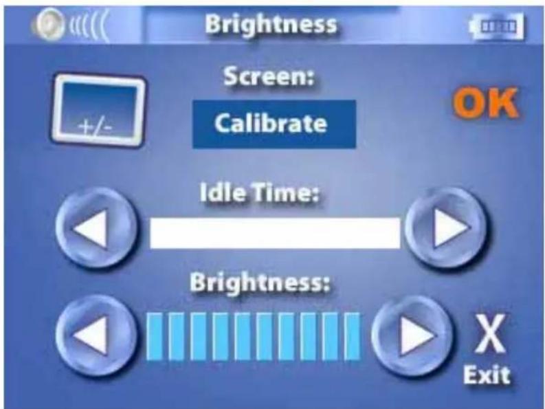Brightness Screen: Calibrate Idle Time: Brightness: X Exit
