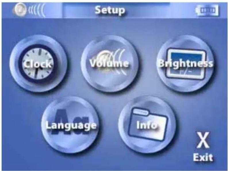 Setup Clock Volume Brightness Language Info X Exit