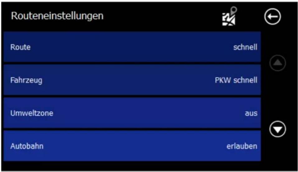 Routeneinstellungen Route schnell Fahrzeug PKW schnell Umweltzone aus Autobahn erlauben