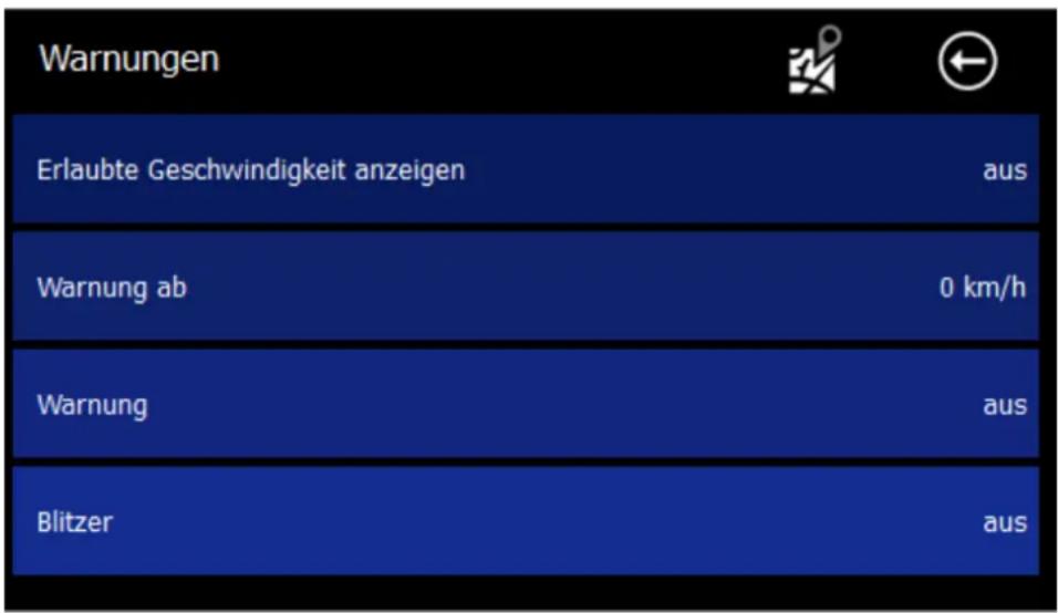 Warnungen Erlaubte Geschwindigkeit anzeigen aus Warnung ab 0 km/h Warnung aus Blitzer aus