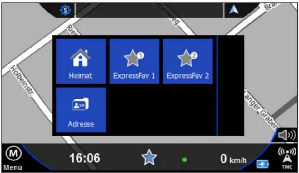 Heimat ExpressFav 1 ExpressFav 2 Adresse 16:06 0 km/h TMC M Menu