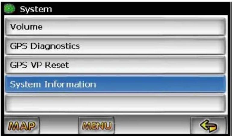 System Volume GPS Diagnostics GPS VP Reset System Information MAP MENU