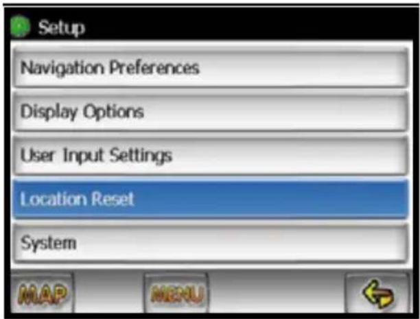 Setup Navigation Preferences Display Options User Input Settings Location Reset System MAP MENU