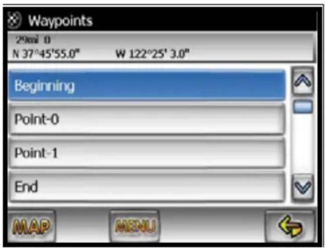 Waypoints 29mm 0 N 37°45'55.0" W 122°25' 3.0" Beginning Point-0 Point-1 End MAP MENU