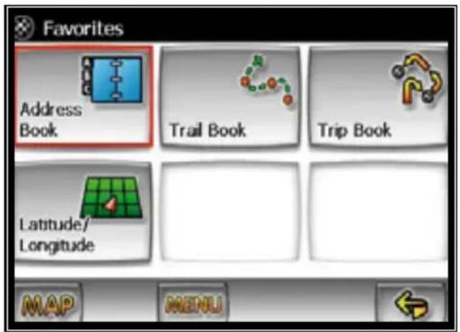 Favorites Address Book Trail Book Trip Book Latitude/ Longitude MAP MENU