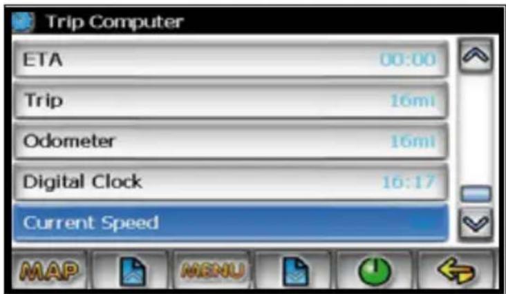 Trip Computer ETA 00:00 Trip 16mi Odometer 16mi Digital Clock 16:17 Current Speed MAP MENU