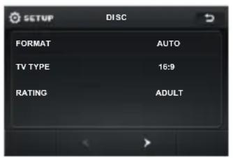 SETUP DISC FORMAT AUTO TV TYPE 16:9 RATING ADULT