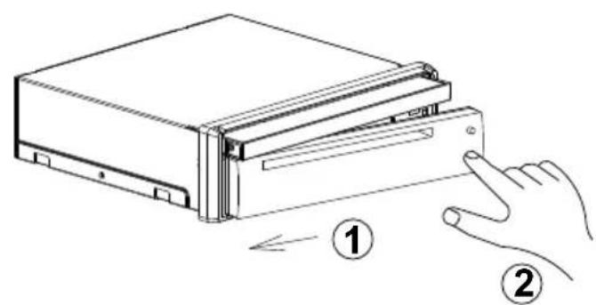 Diagram showing a hand pressing a device into a folder, labeled with two numbered steps and directional arrows.
