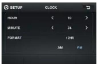 SETUP CLOCK HOUR < 10 > MINUTE < 36 > FORMAT 12HR AM PM
