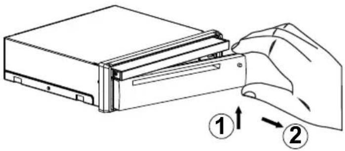 Diagram showing a hand inserting a physical device into a folder, with numbered instructions indicating the process.