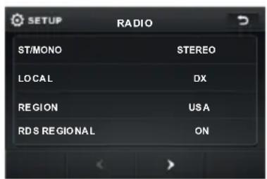 SETUP RADIO ST/MONO STEREO LOCAL DX REGION USA RDS REGIONAL ON