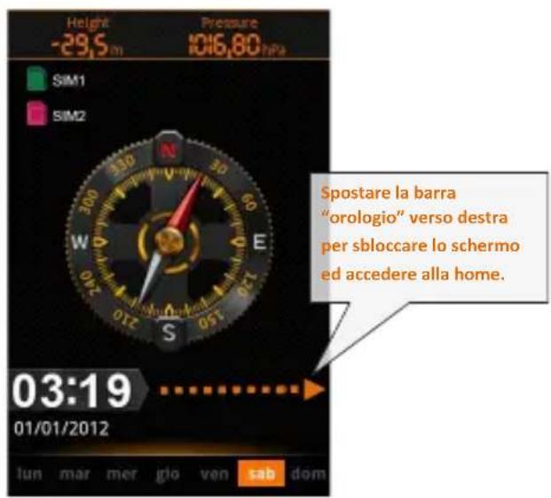 Height -29,5 m Pressure 1016,80 hPa SIM1 SIM2 Spostare la barra "orologio" verso destra per sbloccare lo schermo ed accedere alla home. 03:19 01/01/2012 lun mar mer gio ven sab dom