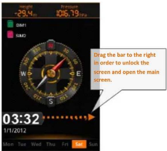 Height -29.4m Pressure 1016.79Pa SIM1 SIM2 Drag the bar to the right in order to unlock the screen and open the main screen. 03:32 1/1/2012 Mon Tue Wed Thu Fri Sat Sun