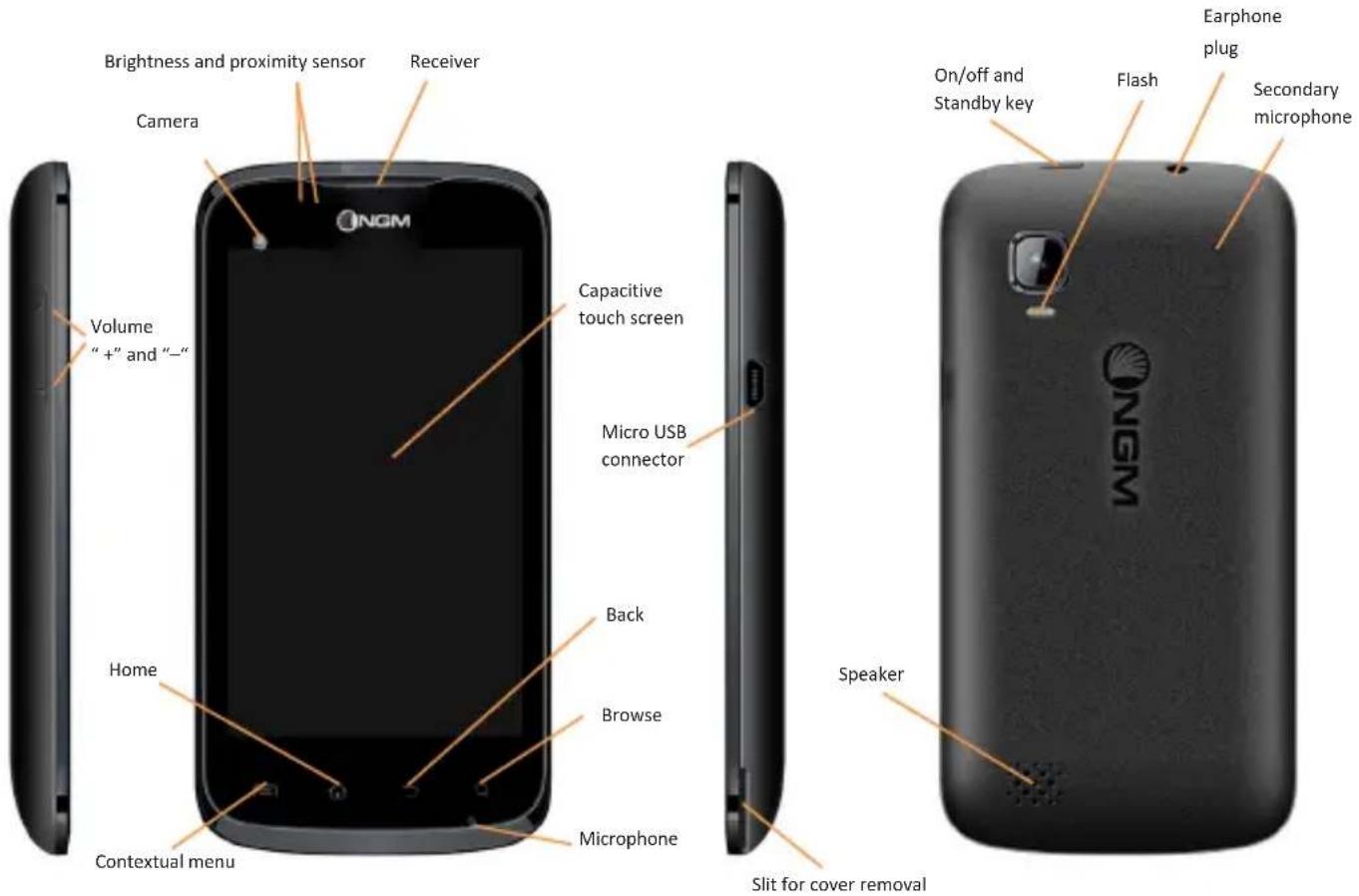 Brightness and proximity sensor Receiver Camera Volume "+" and "-" - Capacitive touch screen Micro USB connector Back Browse Home Contextual menu Microphone On/off and Standby key Flash Earphone plug Secondary microphone Slit for cover removal