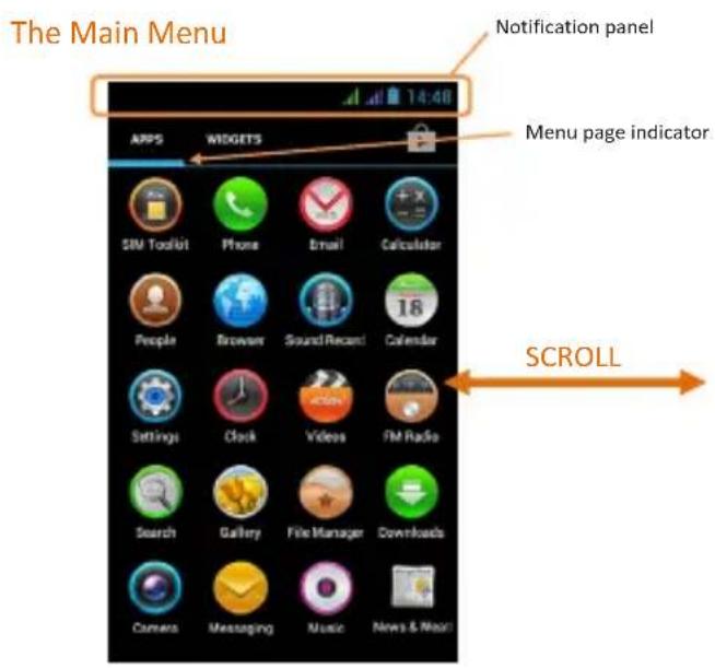 The Main Menu Notification panel Menu page indicator APPS WIDGETS SIM Toolkit Phone Email Calculator People Browser Sound[Recent] Calendar Settings Clock Videos FM Radio Search Gallery File Manager Downloads Camers Messaging Music News & News