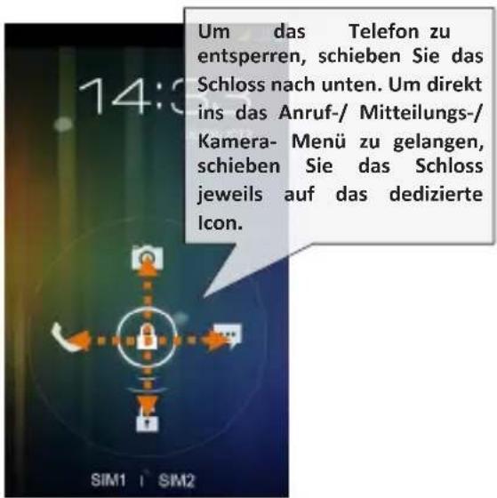 14:3 Um das Telefon zu entsperren, schieben Sie das Schloss nach unten. Um direkt ins das Anruf-/ Mitteilungs-/ Kamera- Menü zu gelangen, schieben Sie das Schloss jeweils auf das dedizierte Icon. SIM1 | SIM2