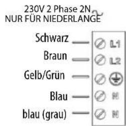 230V 2 Phase 2N NUR FÜR NIEDERLANGE Schwarz —— L1 Braun —— L2 Gelb/Grün —— ⊕ Blau —— N blau (grau) —— N
