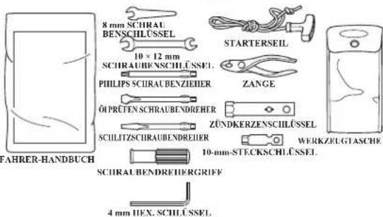 8 mm SCHRAU BENSCIHLÜSSEL 10 x 12 mm SCHRAUBENSCIHLÜSSEL. PHILIPS SCIRAUBENZIEIDER Öl PRÜTEN SCHRAUBENDREHER SCULITZSCIRAUBENDREIER SCHRAUBENDREIERGRIFF 4 mm HEX. SCHLÜSSEL STARTERSEIL ZANGE ZÜNDKERZENSCIHLÜSSEL 10-mm-STECKSCHLÜSSEL. WERK/ZHEGTASCHE