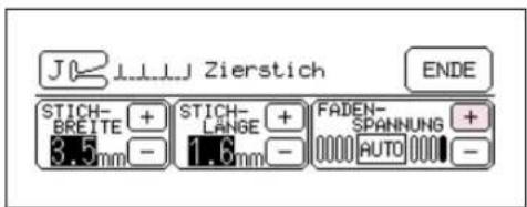 JL L L J Zierstich ENDE STICH- BREITE + 3.5 mm - STICH- LANGE + 1.6 mm - FADEN- SPANNUNG + AUTO -