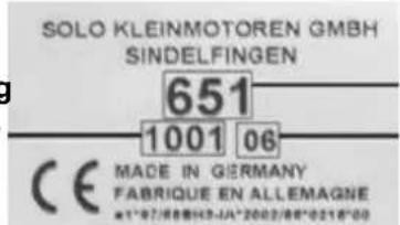 SOLO KLEINMOTOREN GMBH SINDELFINGEN 651 1001 06 CE MADE IN GERMANY FABRIQUE EN ALLEMAGNE #1"92/88813-JA"2002/88"0218"00