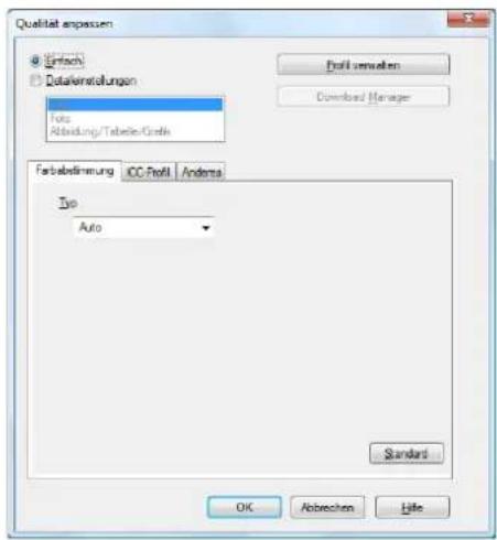 Qualität empassen Erfach Datainstellungen Info Abstandung/Tabelle/Girdle Profit verhalten Download Manager Farbefinigung ICC Profit Andersa Top Auto Standard OK Abbrechen Help