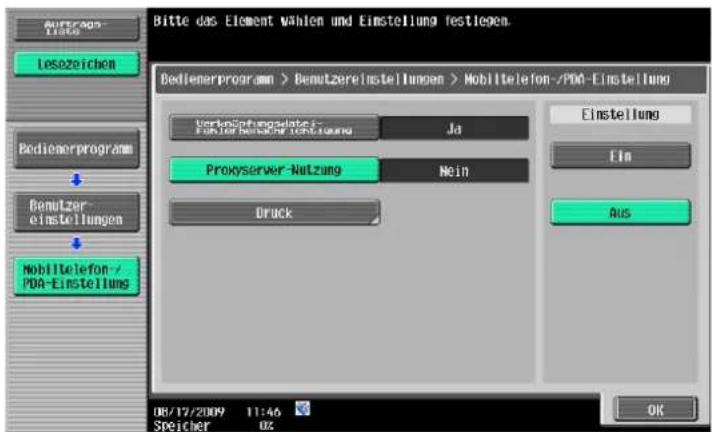 Bitte das Element wählen und Einstellung festlegen. Bedienerprogram > Demutzereinstellungen > Mobiltelefon-/PDA-Einstellung Verkennpflegepläte! Förster beizierliche Konsstellung Ja Einstellung Ein Projyserver-Nutzung Nein Druck Aus Mobiltelefon-/PDA-Einstellung 08/17/2009 11:46 Speicher 02 OK