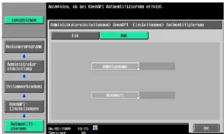 Auswahlen, ob bei OpenAPI Authentifizierung erfolgt. Administratoreinstellungen> OpenAPI -Einstellungen> Authentifizierung Ein Aus Administrator- einstellung Anmeldename Systemverbindung Kenmort OpenAPI- Einstellungen Authentifi- zierung 04/02/2009 10:25 Speicher 02 OK