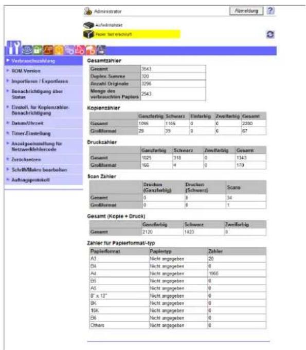 Administratort Aufverpföse Papier Bet erlöchst Verbrauchszahlung ROM Version Importieren / Exportieren Benachrichtigung über Status Einstell, für Kopienzahlen-Benachrichtigung Datum/Überzeit Timer-Einstellung Anzahlgewinnmehrung für Betzerweiterhlercode Zureckenzen Schulfblänen bearbeiten Auftragspostel Gesamt 3543 Duplex Summe 120 Anzahl Originale 3296 Menge des verbrauchten Papiers 2543 Kopienzahler Gesamt 1095 1165 0 0 2280 Großformat 28 39 0 0 57 Druckszahller Gesamt 1025 318 0 1343 Großformat 166 4 0 179 Scan Zahler Gesamt Drucken (Gonzertig) Drucken (Schwerz) Scara Gesamt 0 0 34 Großformat 0 0 1 Gesamt (Kopie + Druck) Gesamt 2120 1420 0 Zahler für Papierformat-typ Papierformat Papientep Zahler A3 Nicht angegeben 20 B4 Nicht angegeben 0 A4 Nicht angegeben 1966 B5 Nicht angegeben 0 A5 Nicht angegeben 0 B' x 13" Nicht angegeben 0 Bk Nicht angegeben 0 16k Nicht angegeben 0 B6 Nicht angegeben 0 Others Nicht angegeben 0