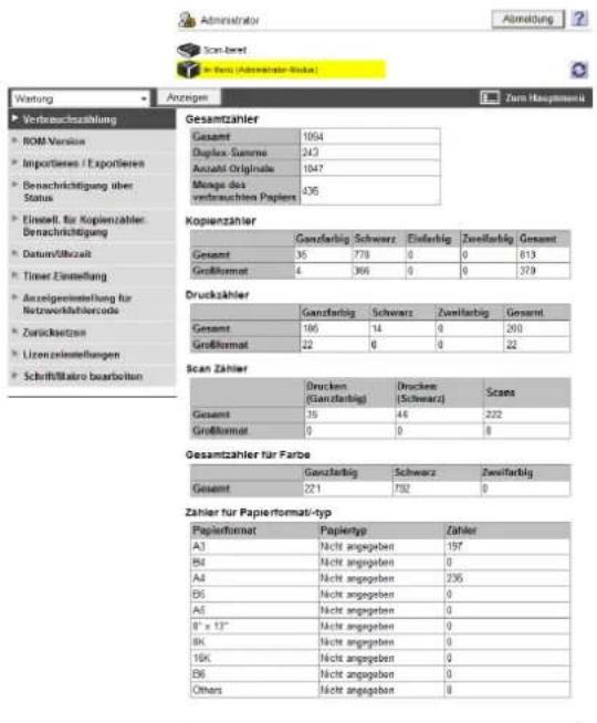 Waltung Verbrauchszahlung ROM Version Importiertes / Exportieren Besachrichtigung über Status Einsell für Kopienzahler. Versicherung Datum/Überzeit Timer Einstellung Anzeigeneinstellung für Netzwerkshliercode Zurücksetzen Lizenzeinstellungen Schriftsikaro bearbeiten Gesamt 1094 Duplex Summe 243 Anzahl Originale 1047 Menge des verbrauchtes Papiers 436 Kopaenzahler Gesamt Gonztarätig Schwarz Eindertig Zweiterätig Gesamt Gesamt 35 778 0 0 813 Großformat 4 366 0 0 379 Druckszahler Gansztarätig Schwarz Zweiterätig Gesamt Gesamt 186 14 0 200 Großformat 22 0 0 22 Scan Zahler Drucken (Ganztarätig) Drucken (Schwarz) Sraes Gesamt 35 46 222 Großformat 0 0 8 Gesamt Gonztarätig Schwarz Zweiterätig Gesamt 221 782 8 Zahler für Papierformat-typ Papierformat Papiertyp Zähler A3 Nicht angegeben 197 B4 Nicht angegeben 0 A4 Nicht angegeben 236 B5 Nicht angegeben 0 A5 Nicht angegeben 0 8" x 13" Nicht angegeben 0 Bk Nicht angegeben 0 16K Nicht angegeben 0 B6 Nicht angegeben 0 Others Nicht angegeben 8