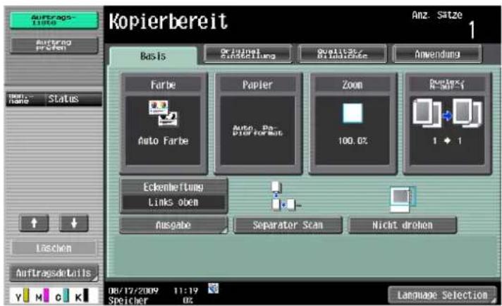 Kopierbereit Anz. Sätze 1 Basis Original Einstellung Qualität/Bladchutz Anwendung Farbe Papier Zoom R-HP-1 Auto Farbe Auto Bas. Dief For Not 100.0% 1 ◆ 1 Eckenleitung Links oben Ausgabe Separator Scan Nicht drohen Laschen Auftragsdella Y M O K 06/17/2009 11:19 Speicher 0% Language Selection