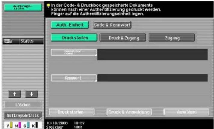In der Code- & Druckbox gespeicherte Dokumente können nach einer Authentifizierung gedruckt werden. Finger auf die Authentifizierungseinheit legen. Auth.-Einheit Code & Kennwort Druck starten Druck & Zugang Zugang Druck-10-2008 Name: Kenwort Druck starten Druck & Anmeldung Anmeldant Lischen Auftragsdetails 10/10/2008 10:37 Speicher 100%