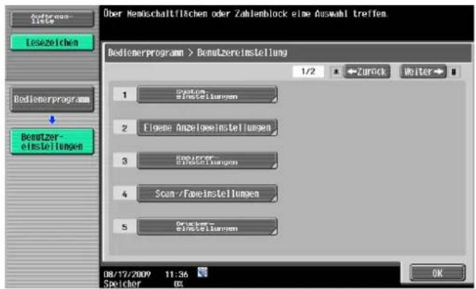 Over Nemöschaltflächen oder Zahlenblock eine Auswahl treffen. Bedienerprogramm > Benutzereinstellung 1/2 Zurück Weiter 1 Davon Einstellungen 2 Eigene Anzelgeeinstellungen 3 Kodzern- Einstellungen 4 Scan-/Faveinstellungen 5 Gruppen- Einstellungen 08/17/2009 11:36 Speicher 0% OK