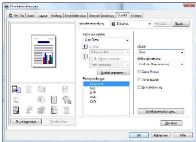 Druckeinstellungen My Tab Sess Layout Finishing Decklaufmodus Stempel/Gestaltung Qualität Anderes Favonlereinstellung Std. insat. Hinz/Ing... Basob... Fabie auswähren Auto Farbe 1.1000 Schwarz-Fot 2.1000 Mit Schwarz drucken Text/Abkildung Qualität erpassen... Fabienstellungen Dokument Foto DTP Web CAD Muster Grub Bridkompsmirung Höchste Kompsmirung □ Glanz Modus □ Ioner sparen □ Kortuberung Schriftdatenstellungen... Standard... Druckergnntige Druckemfes OK Abbrechen Hilte