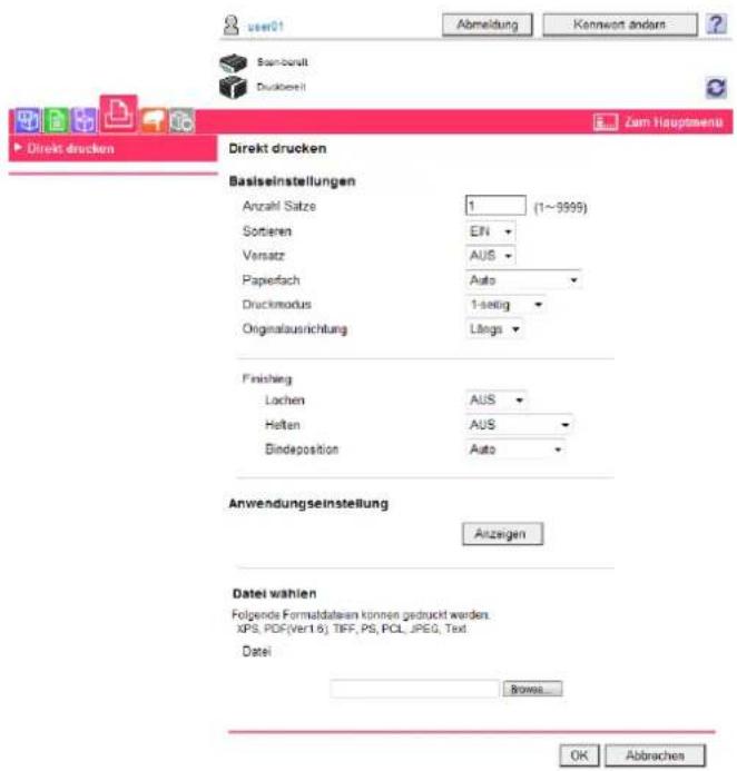 user01 Abmeldung Kennwort andersn Sam-benalt Druckbereit Zam Hauptmenu Direkt drucken Basisinstellungen Anzahl Satze 1 (1~9999) Sortieren EN Versatz AUS Papierfach Auto Druckmodus 1-setig Originalausrichtung Lings Finishing Lochen AUS Heiten AUS Bindeposition Auto Anwendungseinstellung Anzeigen Datei wählen Folgende Formaldatean können gedruckt werden. XPS, PDF(Ver1.6), TIFF, PS, PCL, JPEG, Text Datei Browse OK Abbrachen