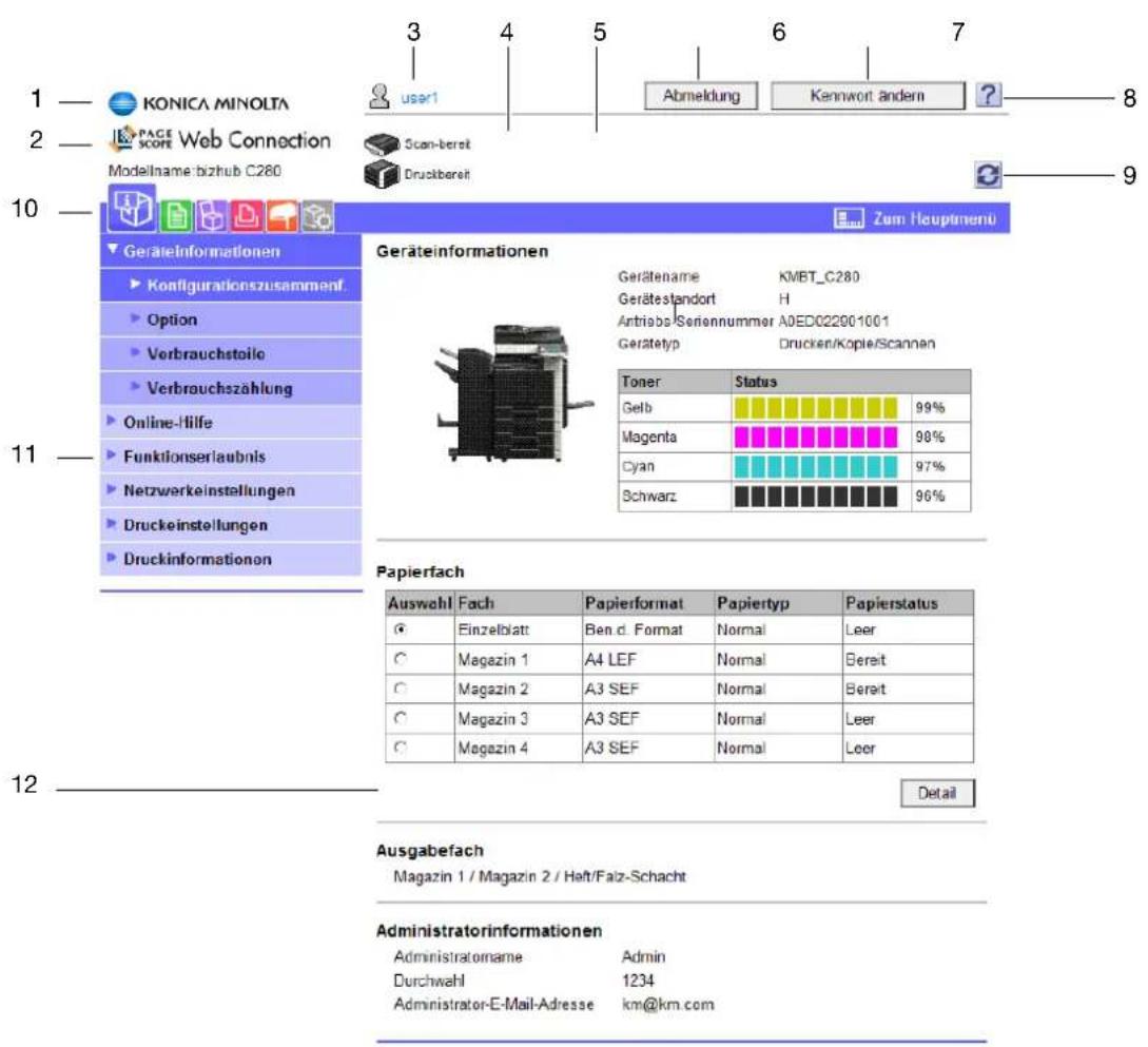 1 — KONICA MINOLTA 2 — PAGE SCORE Web Connection Modelname bizhub C260 3 4 5 6 7 user1 Abmeldung Kennwort andern ? 10 — Geräteinformationen ► Konfigurationszusammenf. ► Option ► Verbrauchstoile ► Verbrouchszahlung ► Online-Hilfe ► Funktionserlaubnis ► Netzwerkeinstellungen ► Druckeinstellungen ► Druckinformationen 11 — Geräteinformationen Gerätename KMBT_C280 Gerätestandort H Antrisoba/Seriennummer AOED022001001 Gerätetyp Drucken/Kopie/Scannen Toner Status Gelb 99% Magenta 98% Cyan 97% Schwarz 96% Papierfach Auswahl Fach Papierformat Papiertyp Papierstatus Einzelblatt Ben d. Format Normal Leer Magazin 1 A4 LEF Normal Berait Magazin 2 A3 SEF Normal Berait Magazin 3 A3 SEF Normal Leer Magazin 4 A3 SEF Normal Leer Detail 12 — Ausgabefach Magazin 1 / Magazin 2 / Haft/Faiz-Schacht Administratorinformationen Administratome Admin Durchwahl 1234 Administrator-E-Mail-Adresse km@km.com