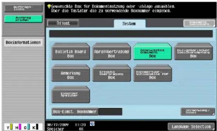 Auflösags Tinels Auflösags Progen Boxinformationen Gewünschte Box for Dokumentnutzung oder -ablage auswahlen. Über die Tastatur die zu verwendende Boxnummer eingeben. Örient System Bulletin Board Box Abrufübertragung Box Buchwertes Dokumento Box Obligator incher Speicher/Box Einkertes Box Anmerkung Box Erträge Sachter Abgaben Box KONOMUTER Schnikstoffe PDF Box Extruktur Spischer Box-Einst. Boxnummer Veränderung / Date1 08/12/2009 11:20 Speicher 02 Language Selection