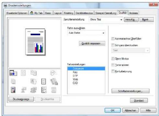 Druckeinstellungen Enerlekte Options My Tab Basis Layout Finishing Deckblattsschua Stempel/Gestellung Qualität Andere Savonlereinstellung Ohne Teil Hinauf Bate Faste auswählen Auto Farbe Qualifik empassen Automatische Überfüllen Schwarz überdrücken Text Fabienstellungen Document Falo GTP Web CAD Opriz Modus Toner sporen Konturbetonung Schriftlatenstellungen... Druckergnastics Druckemtes Standard OK Abbrechen Hife