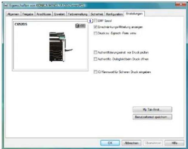 Eigenschaften von KONICA MINDLTA C652SeriesPC Algemein | Fregabe | Anschluss | Eswelt | Satverwaltung | Sicherheit | Konfiguration | Erstellungen C652DS ISO 900 EMF Spool Einzugschränkungs-Mittelung anlagen Druck.sv -Egrach -Form. vence Authentflösungsweist vor Druck prufen Authentflz -Dialogfrid beim Druck öffnen ID/Kennwort für Schinen Druck angeben My Tab-Enlist... Benutzafornat spichern... OK Abbrachen Überüllt... Hills