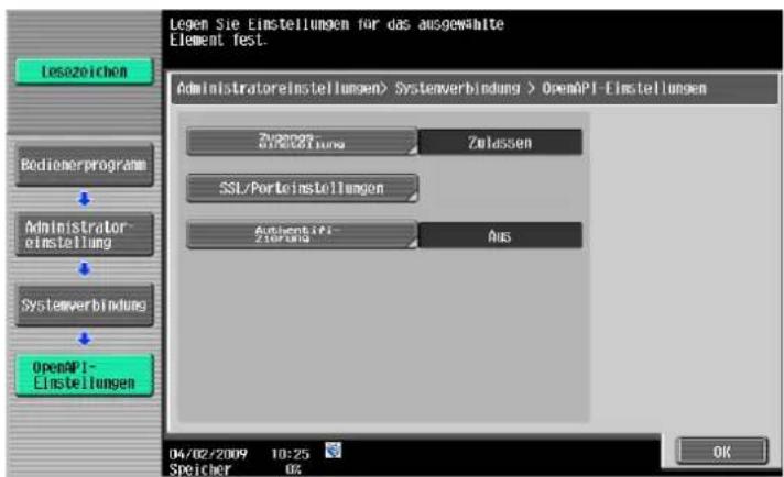 Legen Sie Einstellungen für das ausgewählte Element test. Administratoreinstellungen> Systemverbindung > OpenAPI-Einstellungen Zusikorierung Zulassen SSL/Porteinstellungen AuthentAPI- Zusikorierung Aus Administrator- einstellung Systemverbindung OpenAPI- Einstellungen 04/02/2009 10:25 Spicher 0%